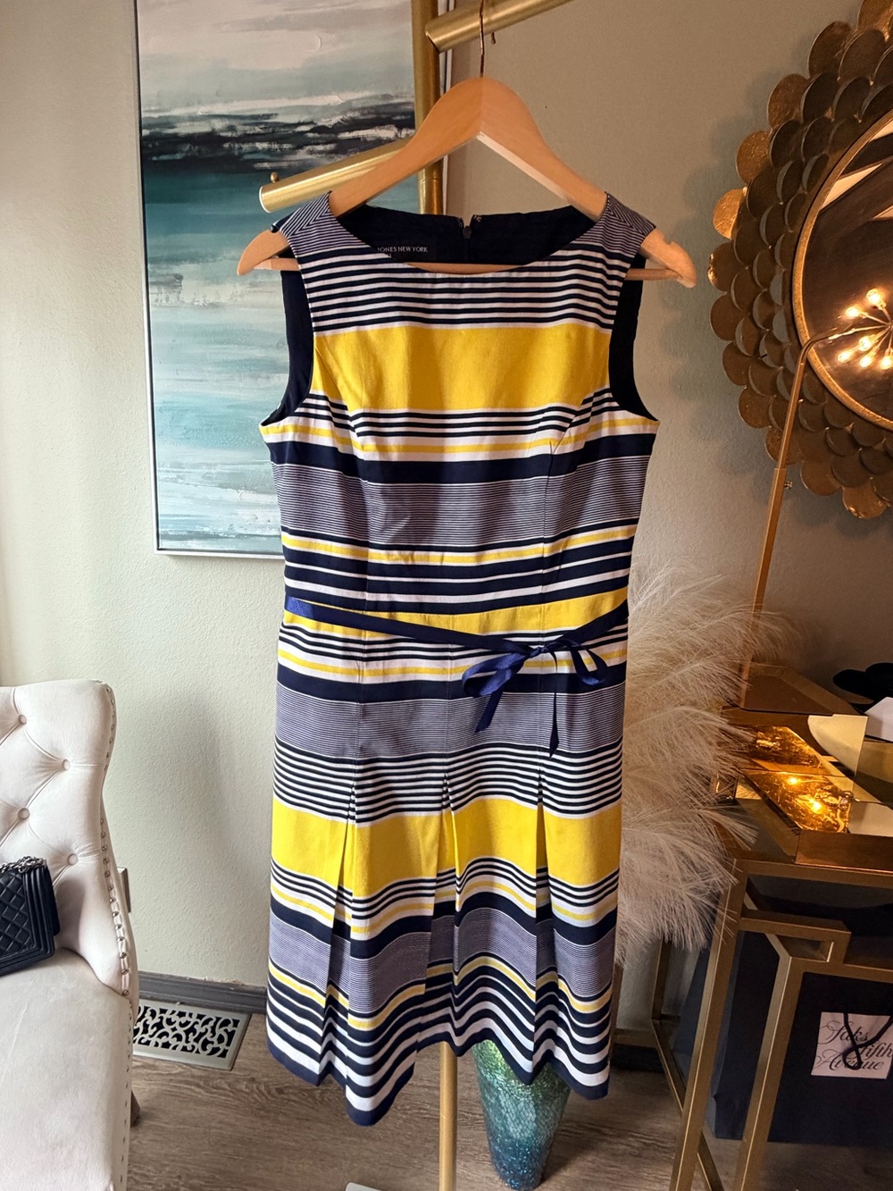 Jones New York Striped Fit & Flare Dress Yellow Navy Size 4